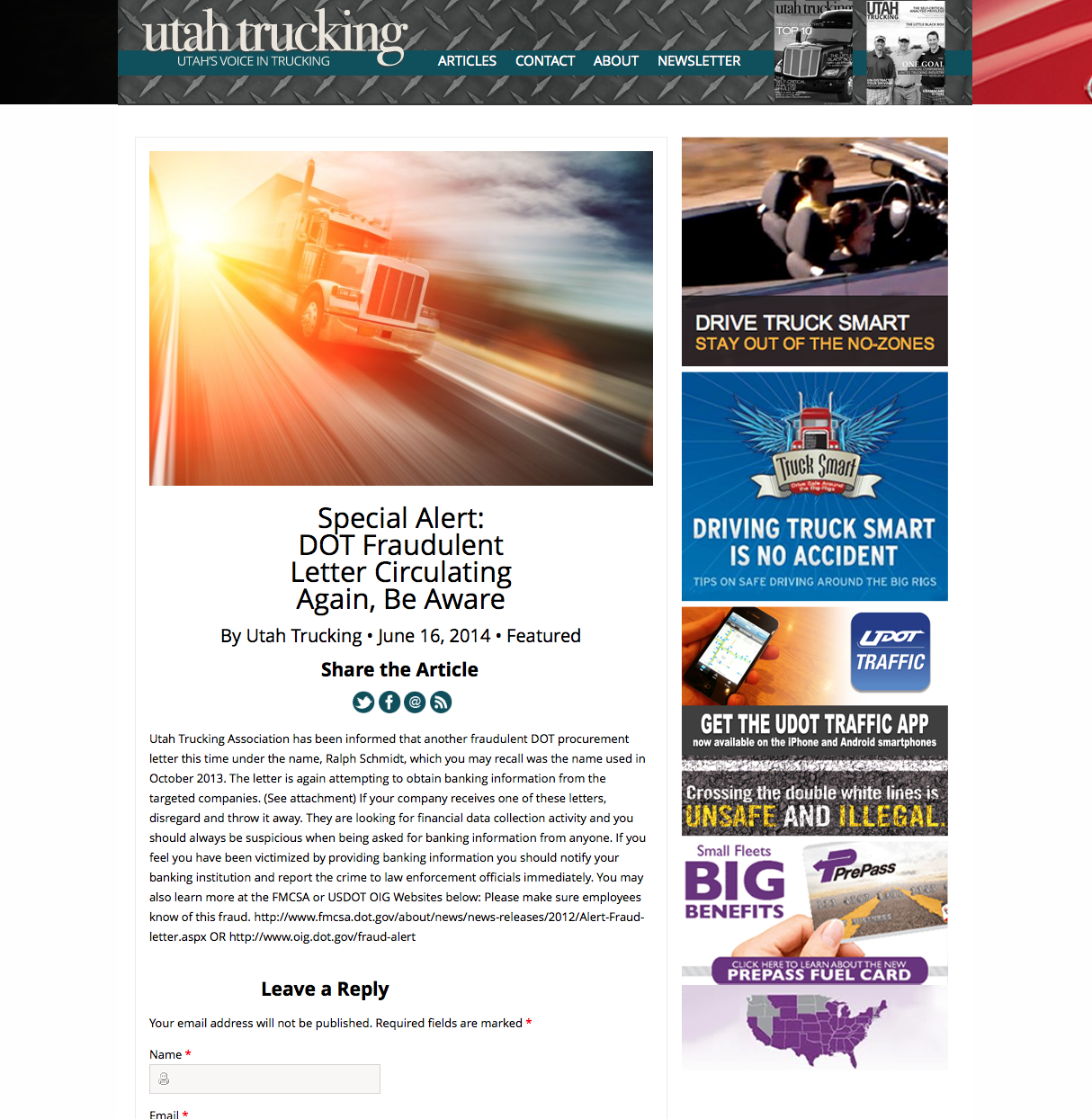 Utah Trucking Magazine Sub Page Articles